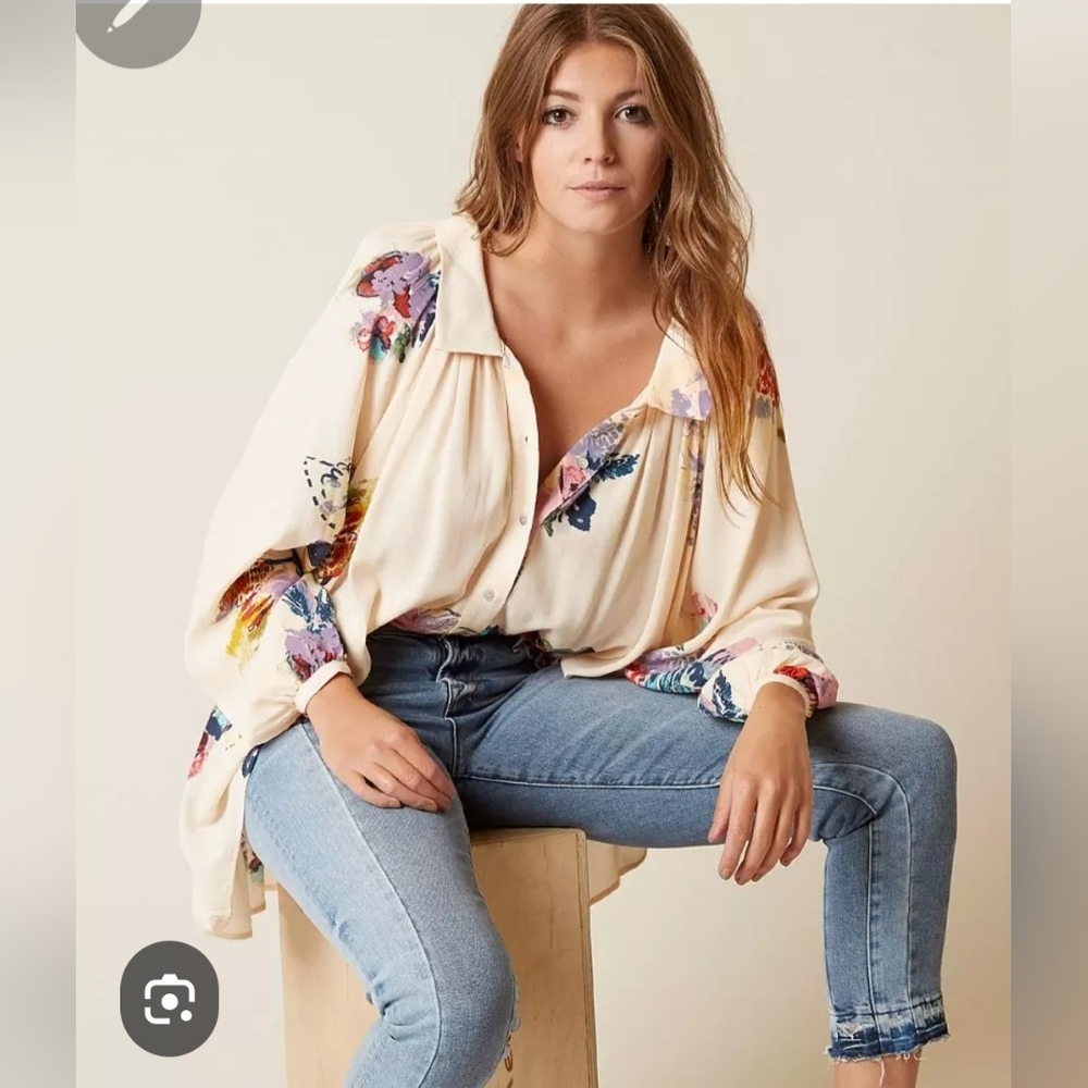 Free People Cream Floral Button-Up Blouse - Women Sz S
